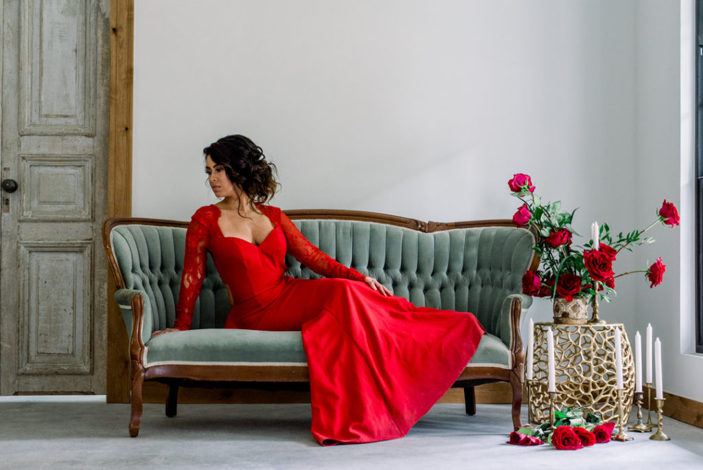 Bride, Red gown, vintage sofa, red roses, vintage rentals